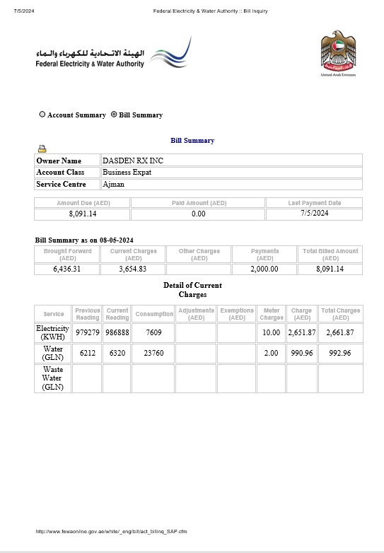 UAE Dubai Federal Electricity & Water Authority electricity, water business utility bill Word and PDF formats